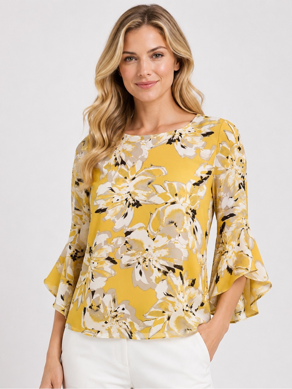 Kasper Floral Bell Sleeve Blouse Ruffle Sleeve Petite Top Yellow PXL NWT